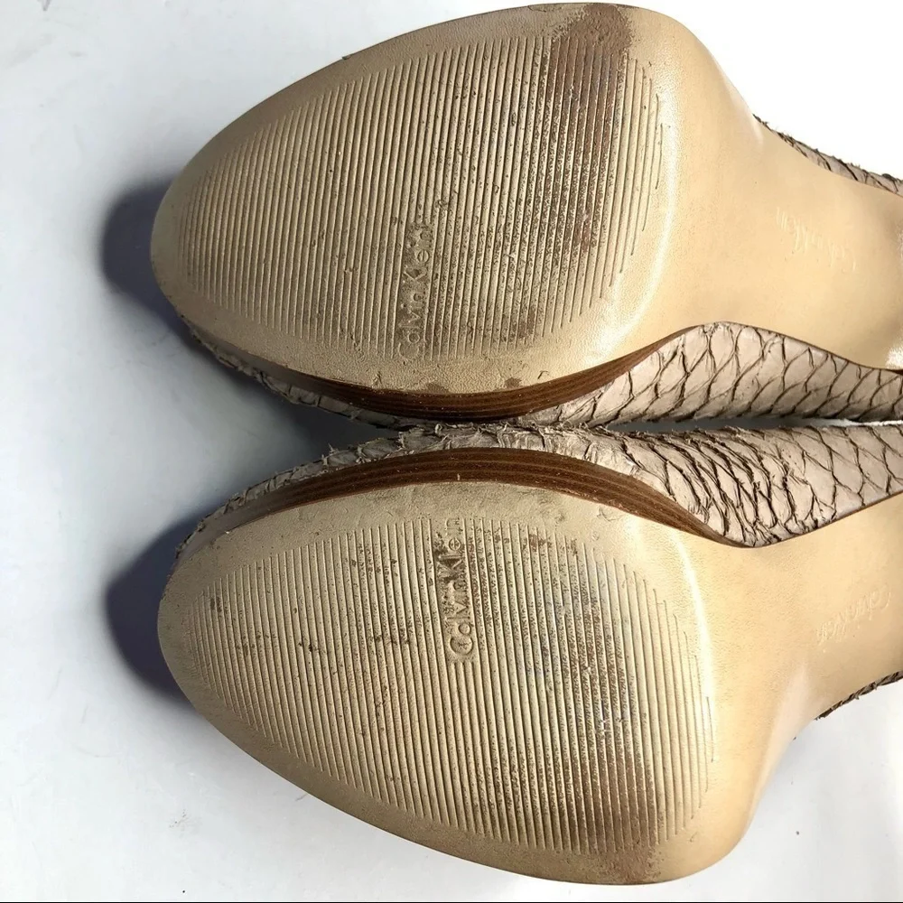 Calvin Klein Kendall fish skin textured scaly stilettos platform tan beige sand